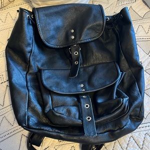Unisex black leather motorcycle style backpack